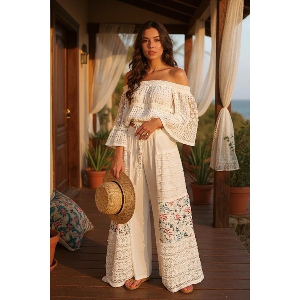 POL Ivory Patchwork Wide Leg Pants | Lace Floral Elastic Waist Pull On - Picture 7 of 7